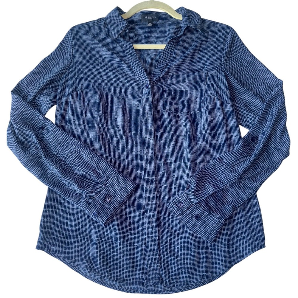 The Limited Blue White Grid Print Long Sleeve Button Down Shirt Womens XS